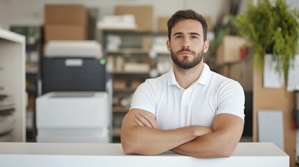 Confident businessman standing at reception, showcasing professionalism and dedication in a modern office environment.