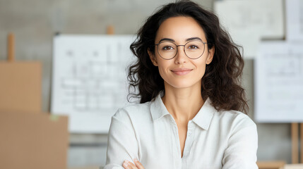 Confident woman with glasses smiling in a modern workspace, embodying professionalism and creativity in a collaborative environment.