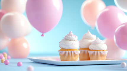 Delicious cupcakes topped with creamy frosting, surrounded by colorful balloons, perfect for celebrations and events.