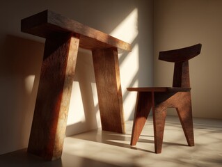 Wooden bench and chair in minimalist setting. Sunlight streams in