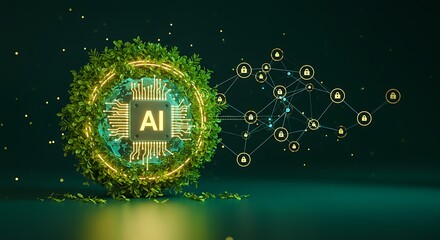 A concept of green computing and sustainable technology. Artificial intelligence processor chip integrated with lush nature.