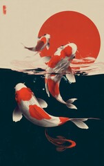 Minimalistic Koi Fish Film Poster on Red Background – Bold Japanese-Inspired Design for Movie Promotion, Featuring Elegant Fish and Symbolic Color Themes

