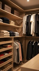 Organized WalkIn Closet with Wooden Shelves and Hanging Clothes Warm Lighting.