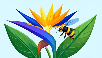 Vibrant bird of paradise flower and bee
