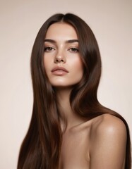 Naklejka premium Woman with dark brown shoulder-length hair looks directly at camera with serious expression on light gray background. Wears simple white top, contrasting with hair. Steady gaze captures moment of
