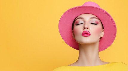 Stylish woman with pink hat and vibrant yellow background exudes confidence and beauty, perfect for fashion and lifestyle projects.