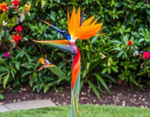 Vibrant bird of paradise flower in garden