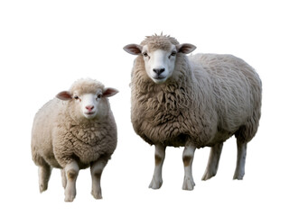 Obraz premium Fluffy sheep with woolly fleece and pink noses isolated on a transparent background farm