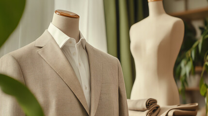 Tailored suit displayed on a mannequin in a stylish workshop, showcasing elegant fabric and attention to craftsmanship.