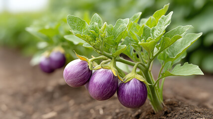 Vibrant purple eggplants growing in fertile soil, showcasing the beauty of nature and the bounty of an organic garden.