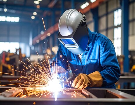 A welder in a factory setting, sparks flying from the welding process