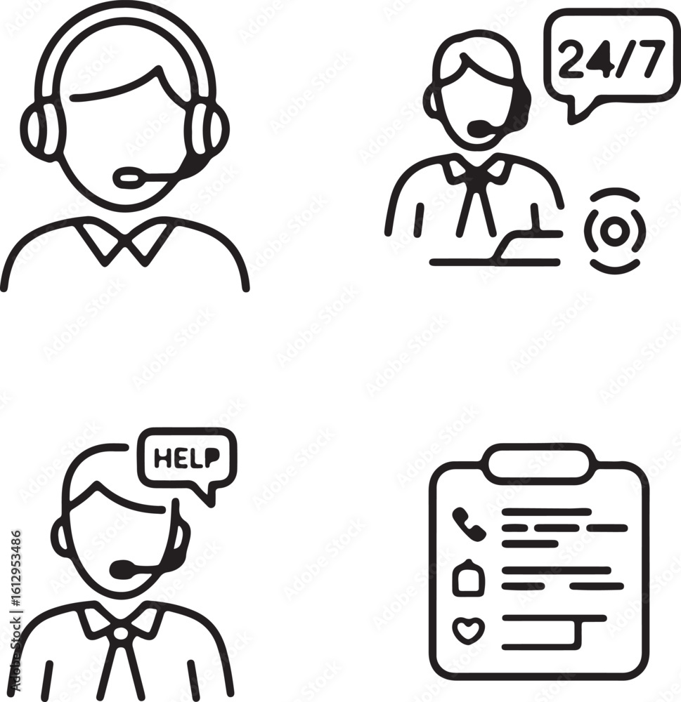 Poster customer service and support vector icon set featuring call center agents 24 7 availability help ass