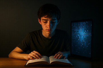 Teenager Studying Between a Warmly Lit Book and a Coldly Glowing Tablet