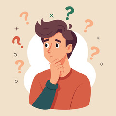 Cartoon Man in Deep Thought Surrounded by Question Marks Represents Confusion and Uncertainty Needing Solutions and Answers