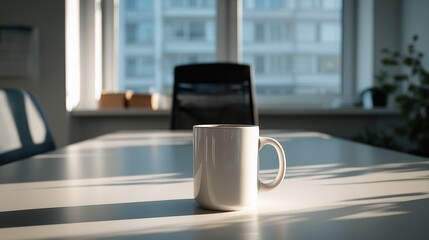 A white coffee mug sits on a table in a bright office. Sunlight streams through large windows, casting shadows on the surface.