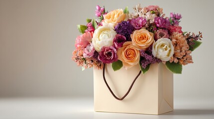 A bouquet of mixed flowers in a beige gift box. The arrangement includes roses, lilacs, and other colorful blooms. Ideal for gifts or decoration.