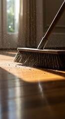Sunlit Dust Motes Dance as Broom Sweeps Hardwood Floor.
