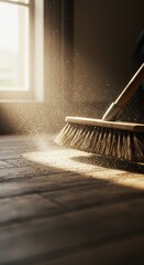 Sunlit Dust Broom Sweeping Wooden Floor with Golden Light Rays.