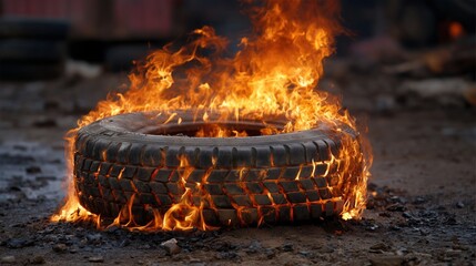 A burning tire emits bright flames and smoke in a gritty environment. The scene captures the intensity of fire and the texture of the tire.