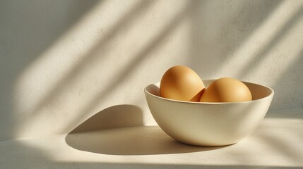 A simple bowl containing three brown eggs sits on a light surface. Soft shadows create a serene atmosphere, highlighting the eggs' smooth texture.