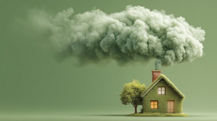 A small green house with a chimney emits a large cloud. The house is covered in grass and surrounded by a tree. The scene represents eco-friendly living.