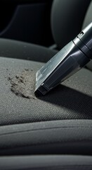 Vacuuming Car Seat CloseUp of Cleaning Process with Dust Removal.