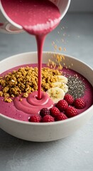 Vibrant Berry Smoothie Bowl Pouring Pink Delight with Granola and Fresh Fruit.