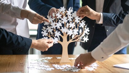 Collaborative Growth Business Team Assembling Puzzle Tree on Wooden Table.