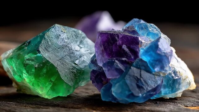 Crystals of fluorite are shown up close, revealing their colors and formations. The mineral displays hues of green, blue, and purple.