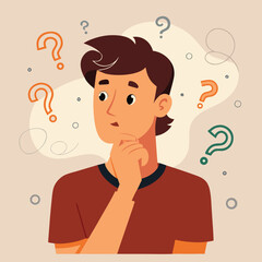 Cartoon Man in Deep Thought Surrounded by Question Marks Represents Confusion and Uncertainty Needing Solutions and Answers