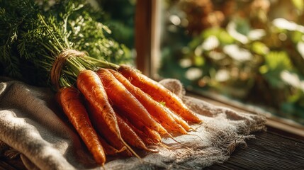 Freshly harvested carrots with green tops resting on a rustic wooden table. Natural light highlights their vibrant orange color.