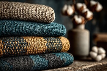 Stack of Soft Knitted Textiles in Cream Beige and Teal. High quality