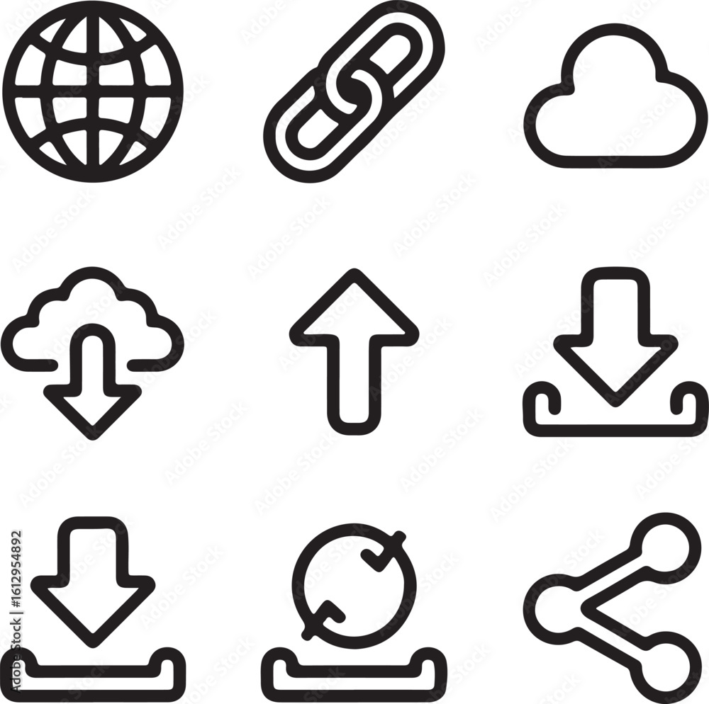 Poster set of nine black outline icons representing internet cloud and sharing concepts including globe lin