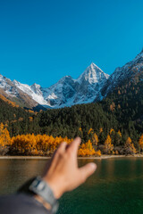 Bipenggou national park with the Beautiful  snow mountains in autumn, Chengdu ,Sichuan in China.