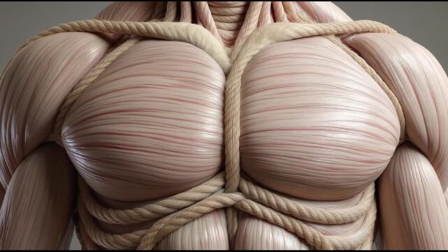 Highly detailed 3D rendering of human torso muscles with intricate rope patterns highlighting anatomical structure and strength