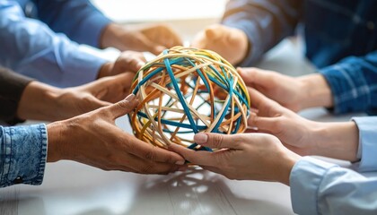 Collaborative Hands Holding Colorful Rubber Band Ball Teamwork and Unity Concept.