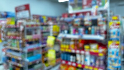 Abstract defocused background of a minimarket or convenience store. Blurred minimarket shop