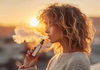 Young woman vaping at sunset with electronic cigarette