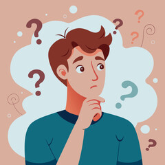 Cartoon Man in Deep Thought Surrounded by Question Marks Represents Confusion and Uncertainty Needing Solutions and Answers
