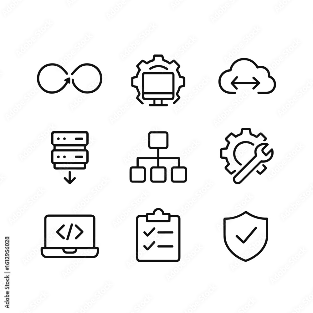 Poster devops automation icon set. outline symbols. line design