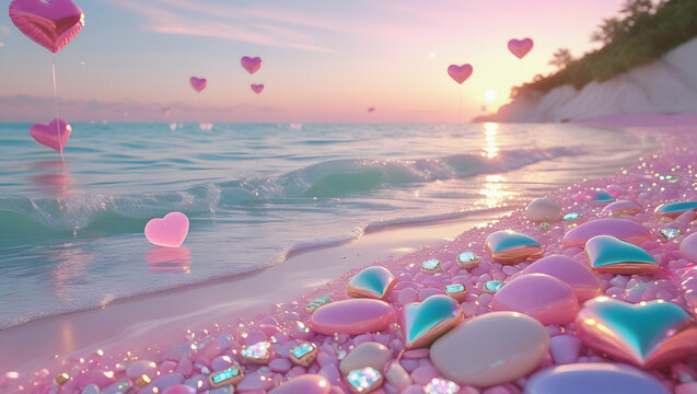 Pink beach with heart balloons at sunrise. Perfect for romantic travel campaigns, wedding proposals, and dreamy destination content.