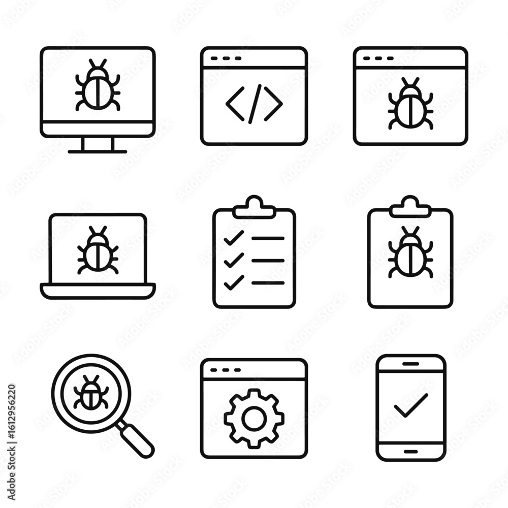 Poster quality assurance and debugging icons. outline symbols. line design