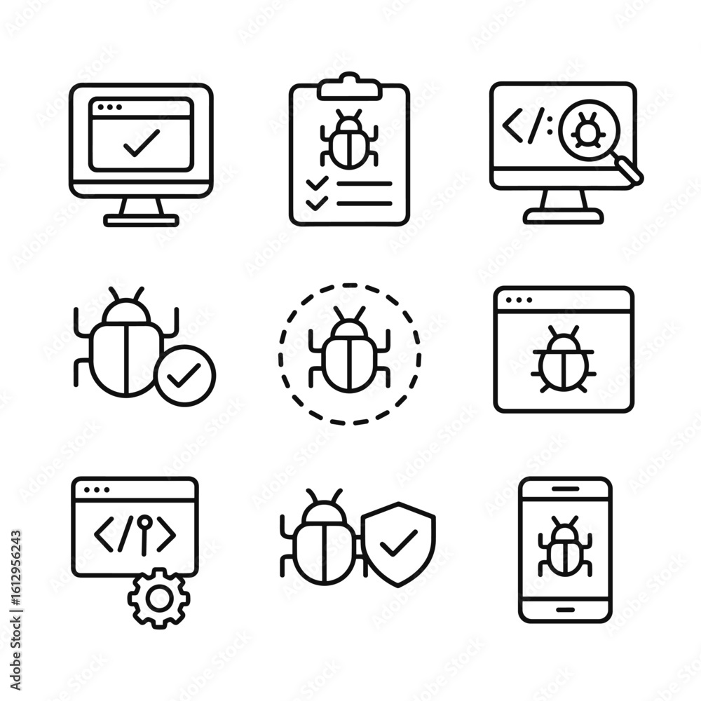 Poster bug tracking and debugging icons. outline symbols. line design