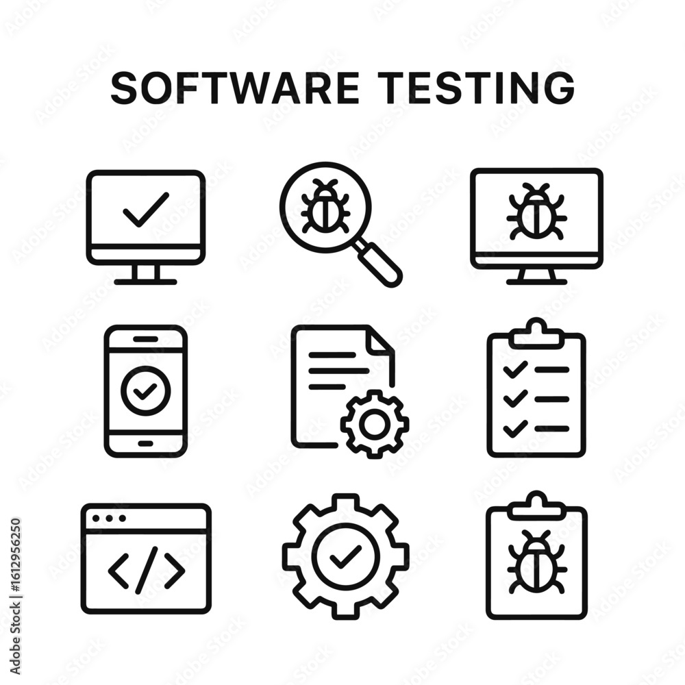 Poster test automation and development icons. outline symbols. line design