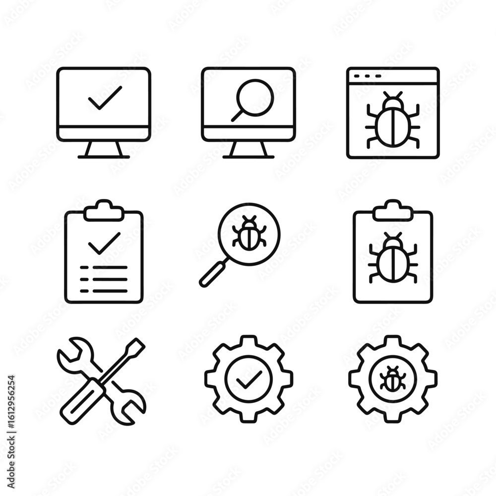 Poster performance testing and analysis icons. outline symbols. line design