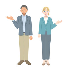 案内をするスーツを着た外国人の男女