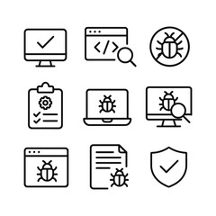 Code testing and validation icons. Outline symbols. Line design