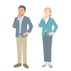 疑問に思うスーツを着た外国人の男女