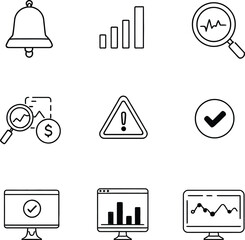 Icon Set Featuring Notification Bell, Financial Growth Magnifier, Bar and Line Graphs, Warning Triangle, Checkmark Badge, and Data Monitors – Vector Design for Business Intelligence, Analytics, and Sy