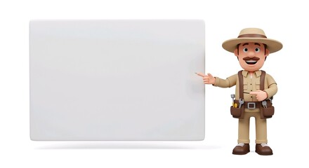 Archeologist pointing a big blank whiteboard, cartoon 3D illustration, isolated on white background, placard, 